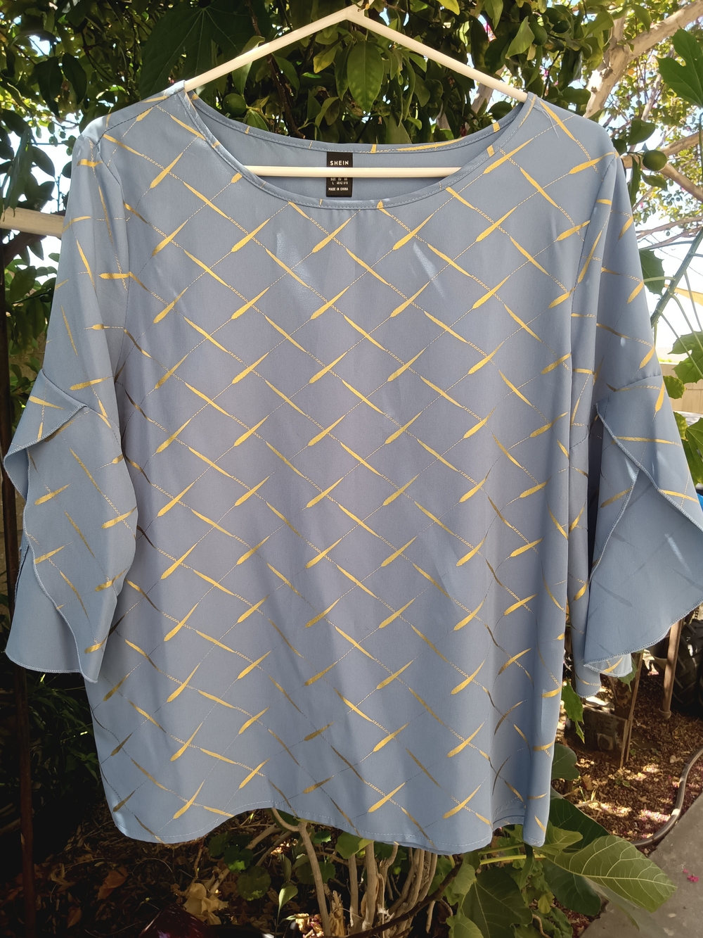 Blue & Gold Patterned Ruffle Sleeve Blouse